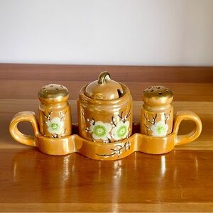 Gold Lustre Condiment Tray Set Salt Pepper & Sugar Japan Mid-Century Sacura